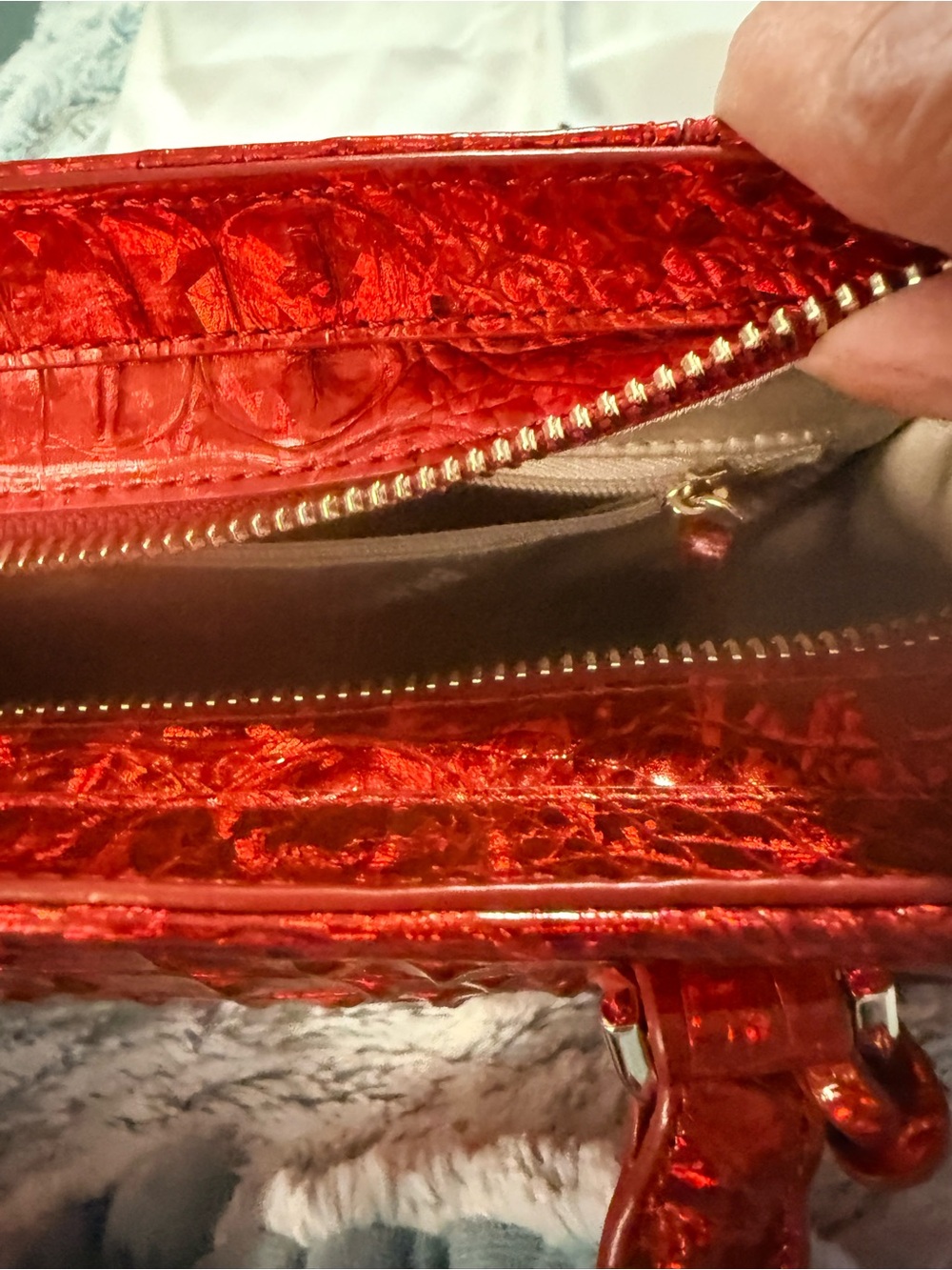 Glossy Red Croc-Embossed Satchel with Gold Accents teal leather - Picture 10 of 14
